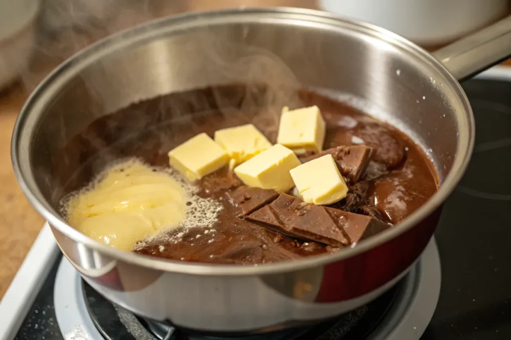Geschmolzene Schokolade und Butter im Wasserbad für Brownie-Torte