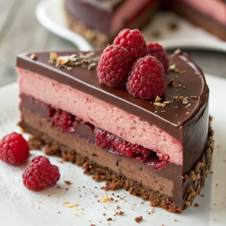 Schokoladen Himbeer Mousse Torte mit frischen Himbeeren und Schokoladenmousse auf Keksboden