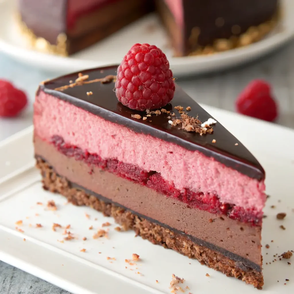 Schokoladen Himbeer Mousse Torte mit frischen Himbeeren und Schokoladenmousse auf Keksboden