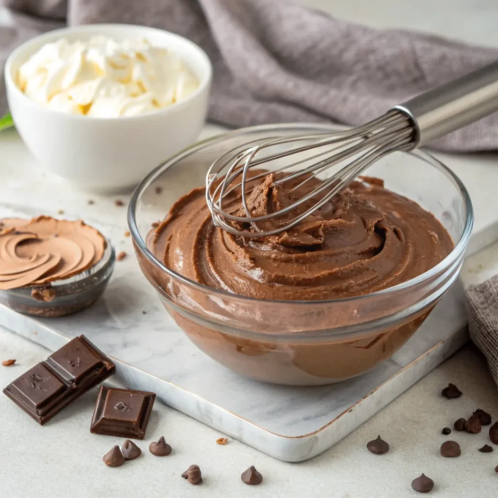 Cremige Schokoladenmousse in einer Schüssel für die Torte