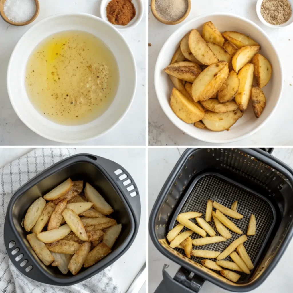 4 Schritte zur Zubereitung von knuspriger Ofenkartoffel in der Heißluftfritteuse – gewaschen, gewürzt, frittiert und serviert