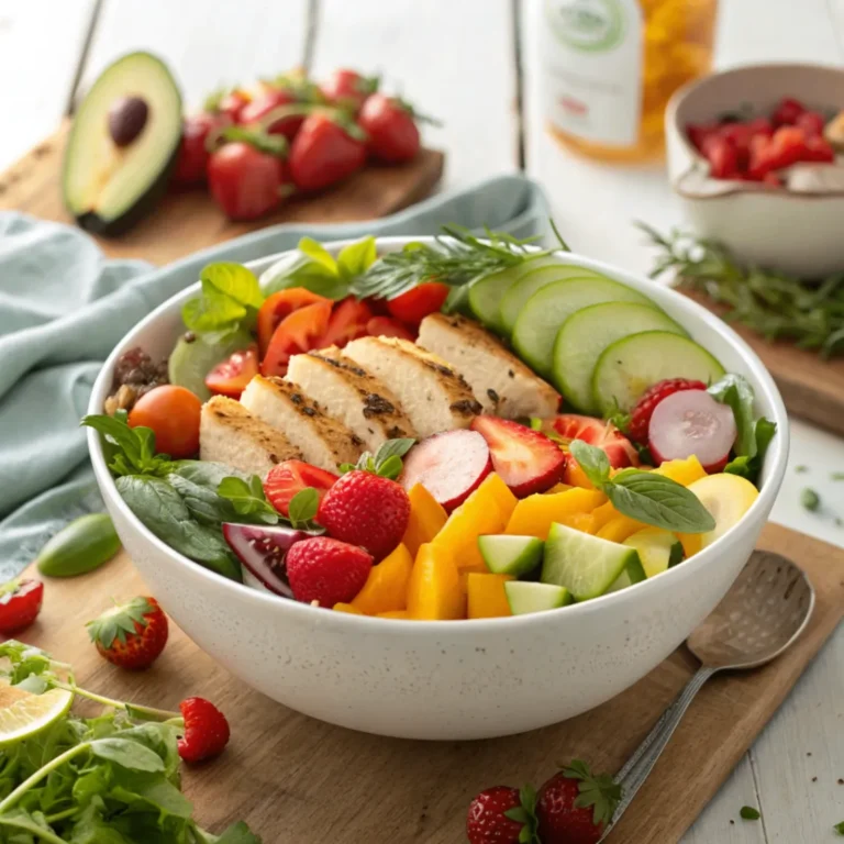 Frischer Sommersalat mit Gemüse, Früchten und gegrilltem Hähnchen – Sommersalat-Rezepte