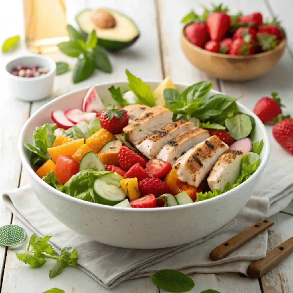 Frischer Sommersalat mit Gemüse, Früchten und gegrilltem Hähnchen – Sommersalat-Rezepte