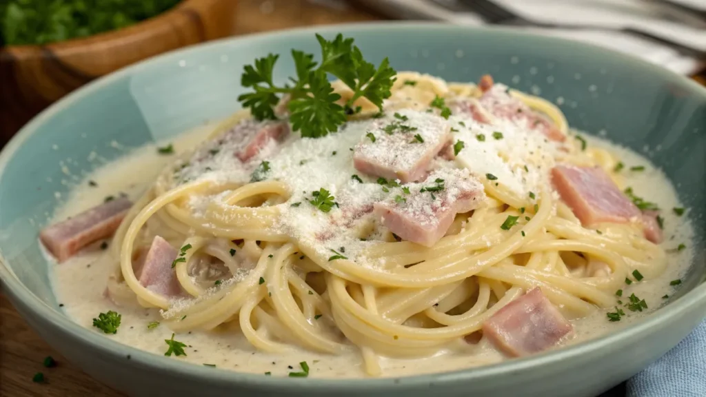 Cremige Spaghetti in Schinken-Sahne-Soße mit Petersilie und Parmesan