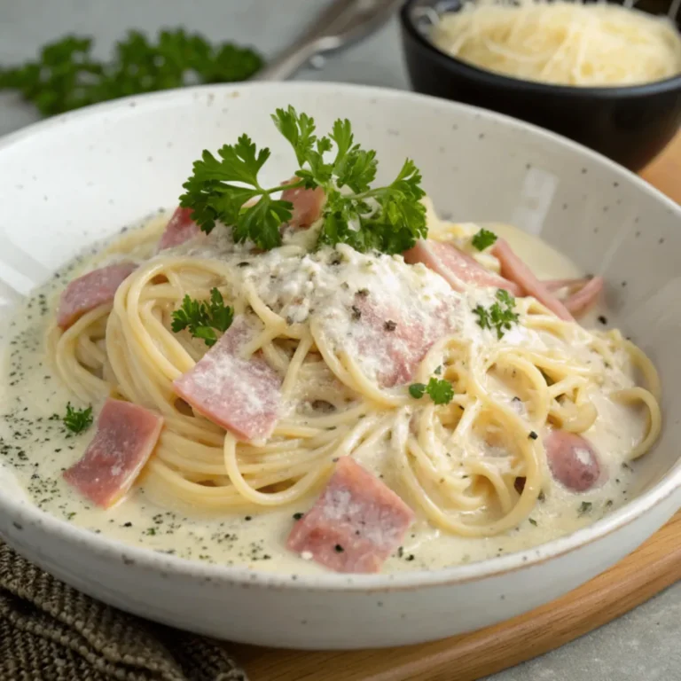 Cremige Spaghetti in Schinken-Sahne-Soße mit Petersilie und Parmesan
