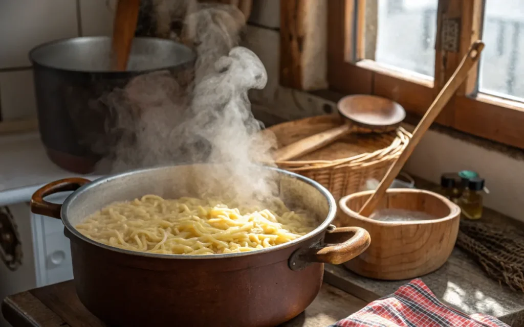 Spätzle kochen in einem Topf mit gesalzenem Wasser