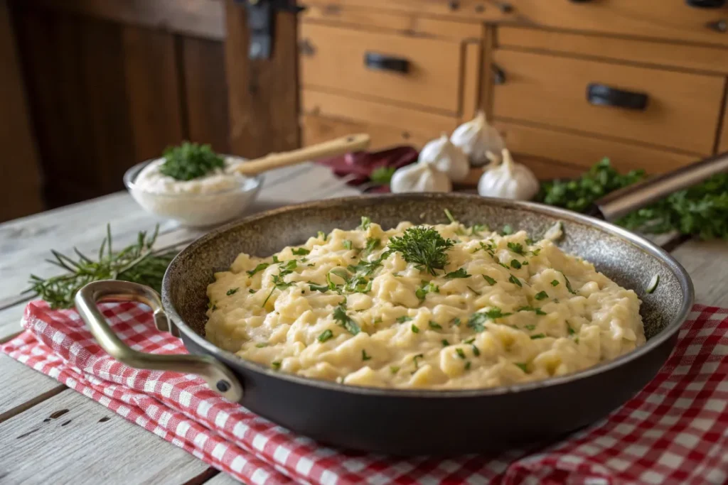 Spätzle mit Kräutern, Sahne und Knoblauch in einer Pfanne