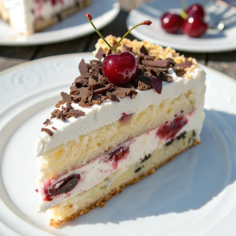 Ein Stück Stracciatella Kirsch Torte mit sichtbaren Schichten aus Creme, Kirschen und Schokolade auf Teller