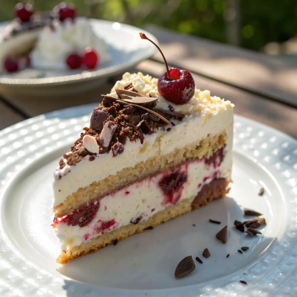 Ein Stück Stracciatella Kirsch Torte mit sichtbaren Schichten aus Creme, Kirschen und Schokolade auf Teller