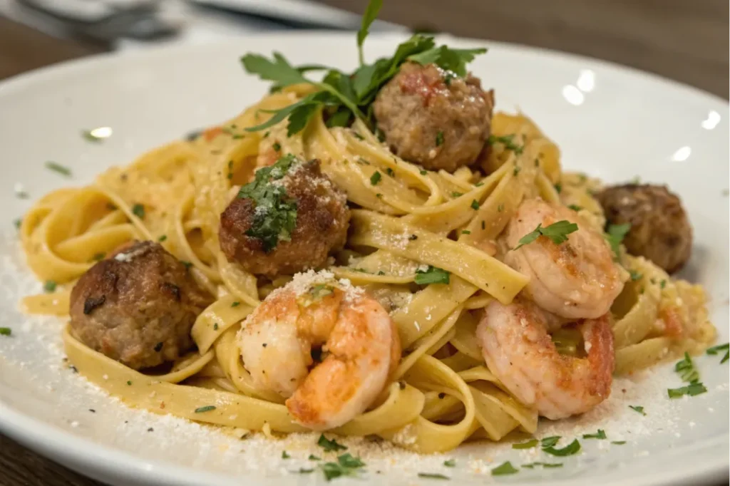 Tagliatelle aglio e olio mit Hackbällchen und Garnelen auf Teller serviert