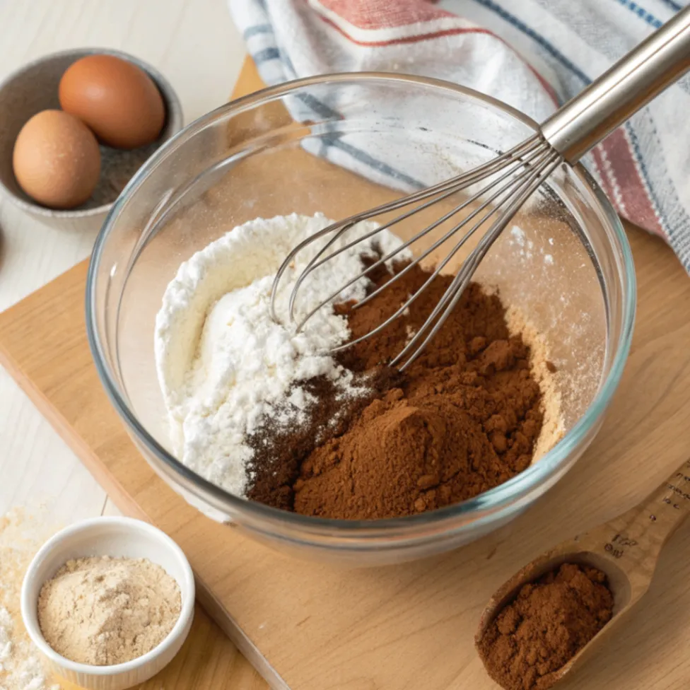 Trockene Zutaten für Schoko Karottenkuchen mischen