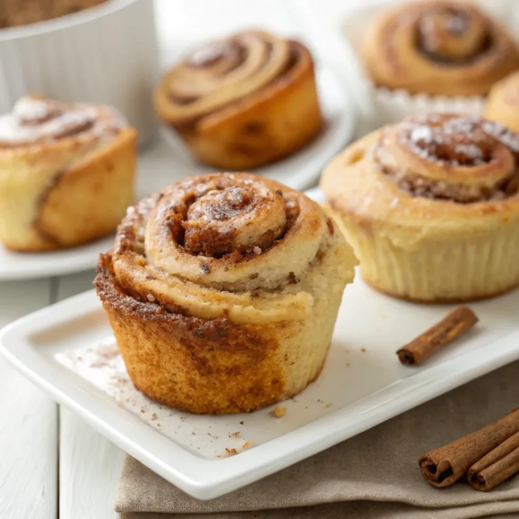 Frisch gebackene Zimt-Schnecken-Muffins im Muffinblech mit Zimt-Zucker