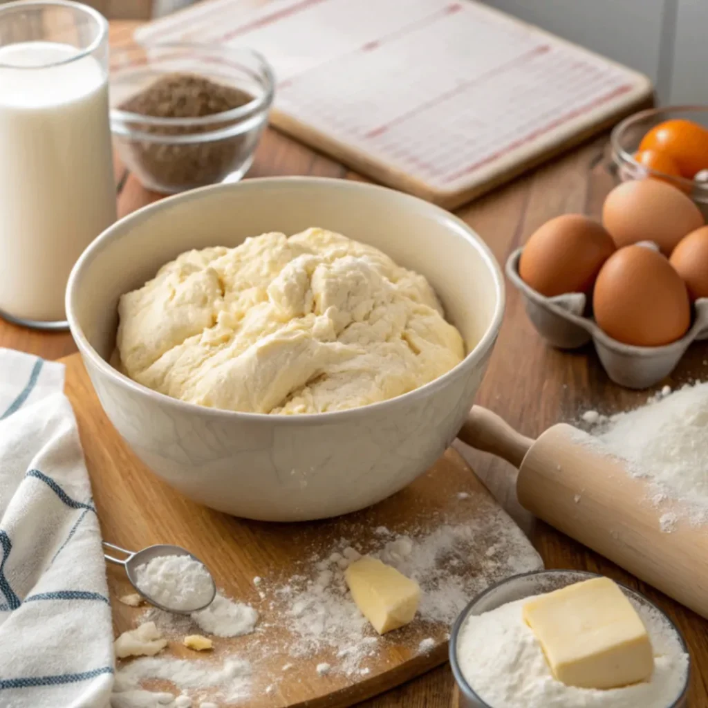 Zimt-Schnecken-Muffins Teig wird in einer Schüssel mit Mehl, Milch, Butter und Ei geknetet