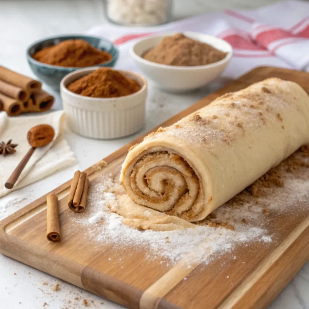 Teig ausrollen und mit Zimt-Zucker-Butter füllen