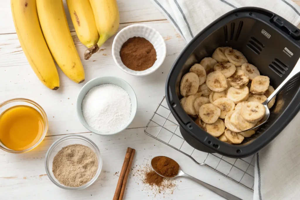 Frische Zutaten für Bananenchips mit Zimt & Zucker aus der Heißluftfritteuse – Bananen, Zucker, Zimt und Kokosöl