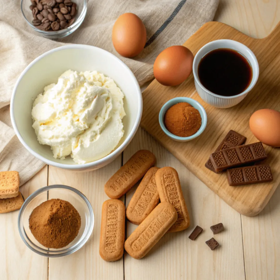 Alle Zutaten für Biscoff Spekulatius Tiramisu: Mascarpone, Biscoff Kekse, Spekulatius, Kaffee, Zucker, Eier und Vanilleextrakt auf einem Holzbrett