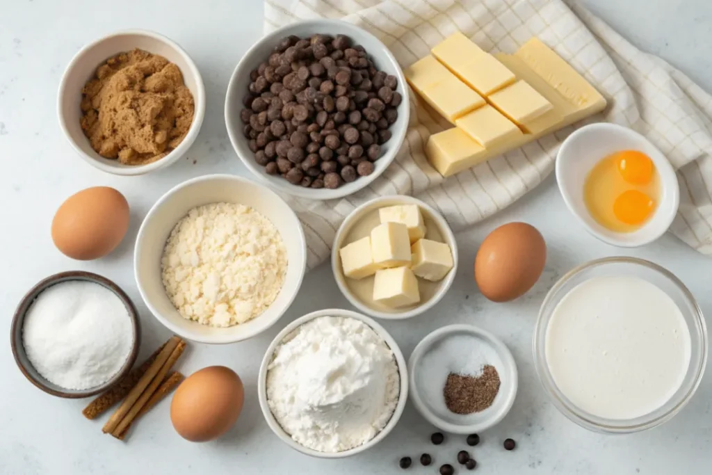 Zutaten für Cheesecake-Filled Chocolate Chip Cookies: Butter, Zucker, Eier, Mehl, Frischkäse und Schokoladenstückchen auf einem hellen Hintergrund