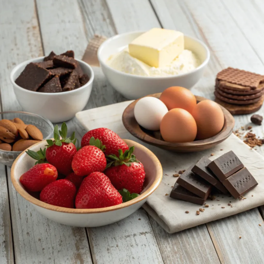 Frische Zutaten für Erdbeer Schoko Käsekuchen mit Erdbeeren, Schokolade, Frischkäse, Butter, Eiern und Keksen