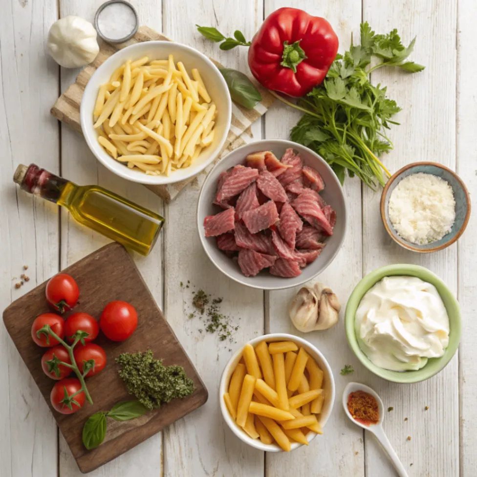 Frische Zutaten für Gyros-Nudelauflauf in Metaxasoße mit Nudeln, Gyrosfleisch, Paprika, Sahne und Käse