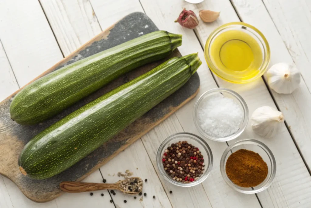 Frische Zutaten für knusprige Heißluftfritteuse Zucchini Chips – Zucchini, Olivenöl, Salz, Pfeffer und Gewürze auf Holztisch