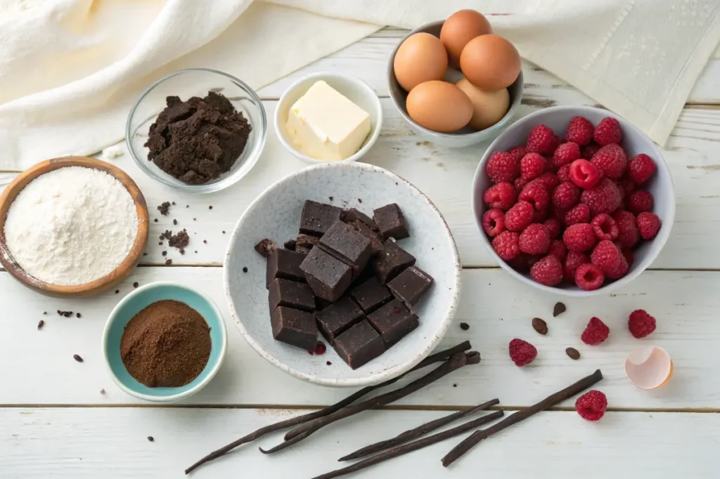 Zutaten für Himbeer Schoko Brownie Torte mit Schokolade, Himbeeren, Butter, Zucker und Mascarpone