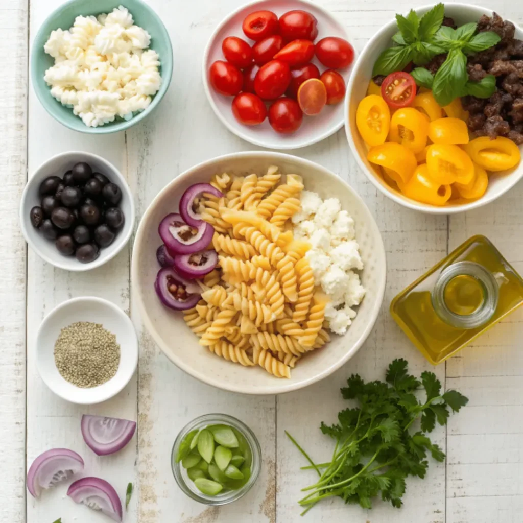 Frische Zutaten wie Pasta, Feta, Tomaten, Gurke, Paprika, Oliven und Kräuter für Mediterraner Nudelsalat mit Feta auf einem Holztisch