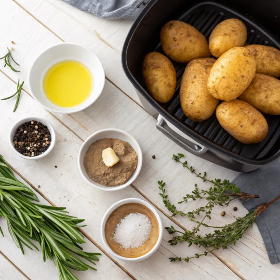 Frische Zutaten für Ofenkartoffel Heißluftfritteuse mit Kartoffeln, Öl und Gewürzen