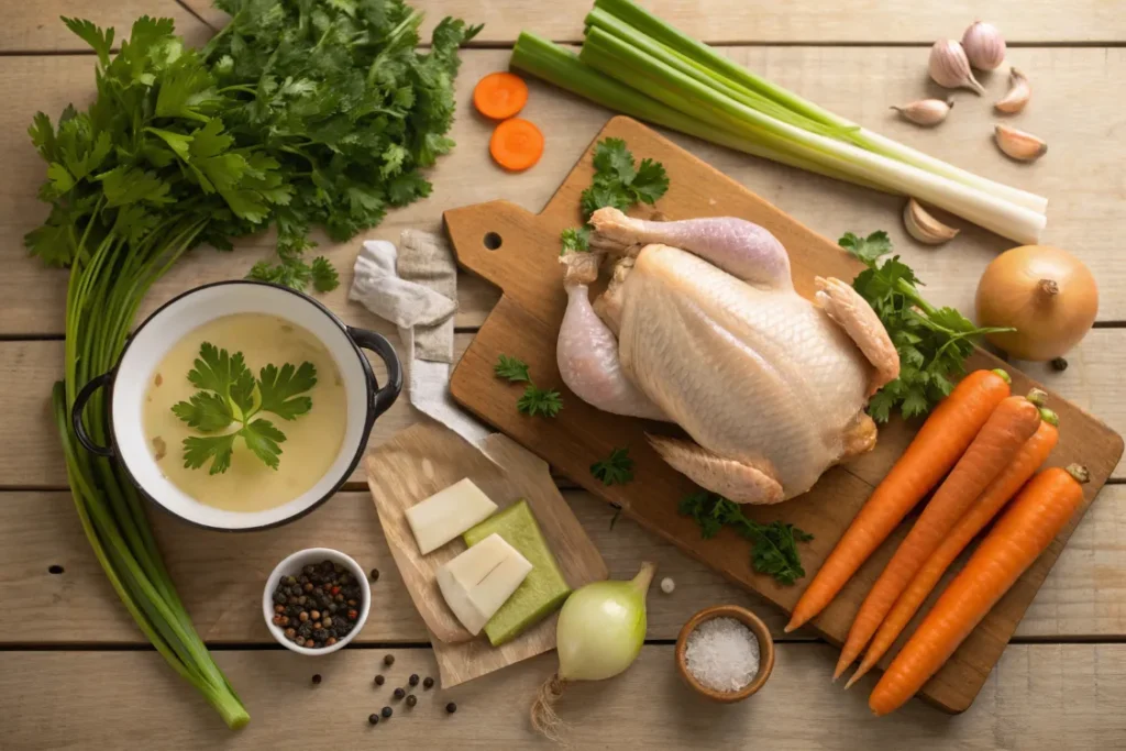 Frische Zutaten für Omas Hühnersuppe mit Suppenhuhn, Gemüse und Kräutern auf Holztisch