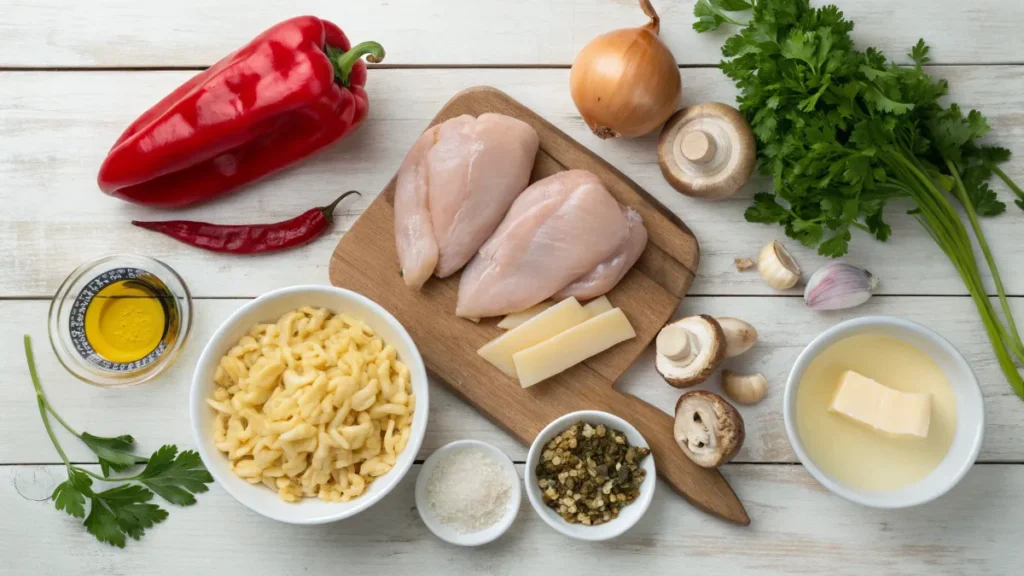 Frische Zutaten wie Hähnchen, Spätzle, Champignons, Paprika und Sahne für One-Pot-Spätzle mit Hähnchen
