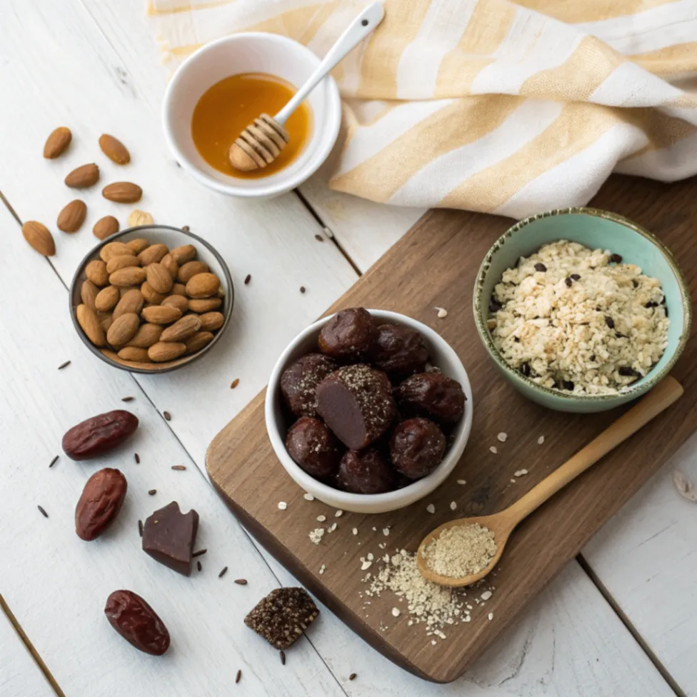 Zutaten für Quinoa-Schoko Bällchen mit Quinoa, Schokolade, Datteln, Nüssen und Kokos