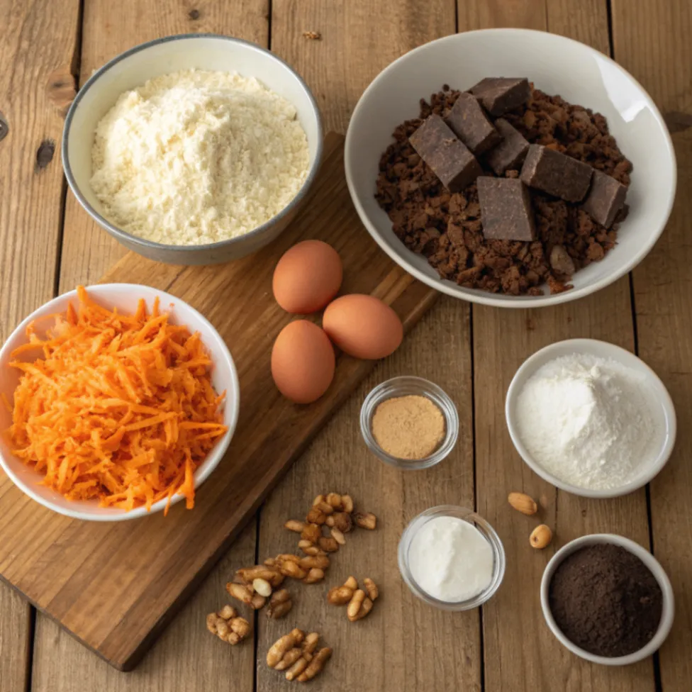 Frisch vorbereitete Zutaten für Schoko Karottenkuchen mit Frischkäse Frosting – geriebene Karotten, Mehl, Kakao, Eier, Zucker, Nüsse, Schokolade und Frischkäse