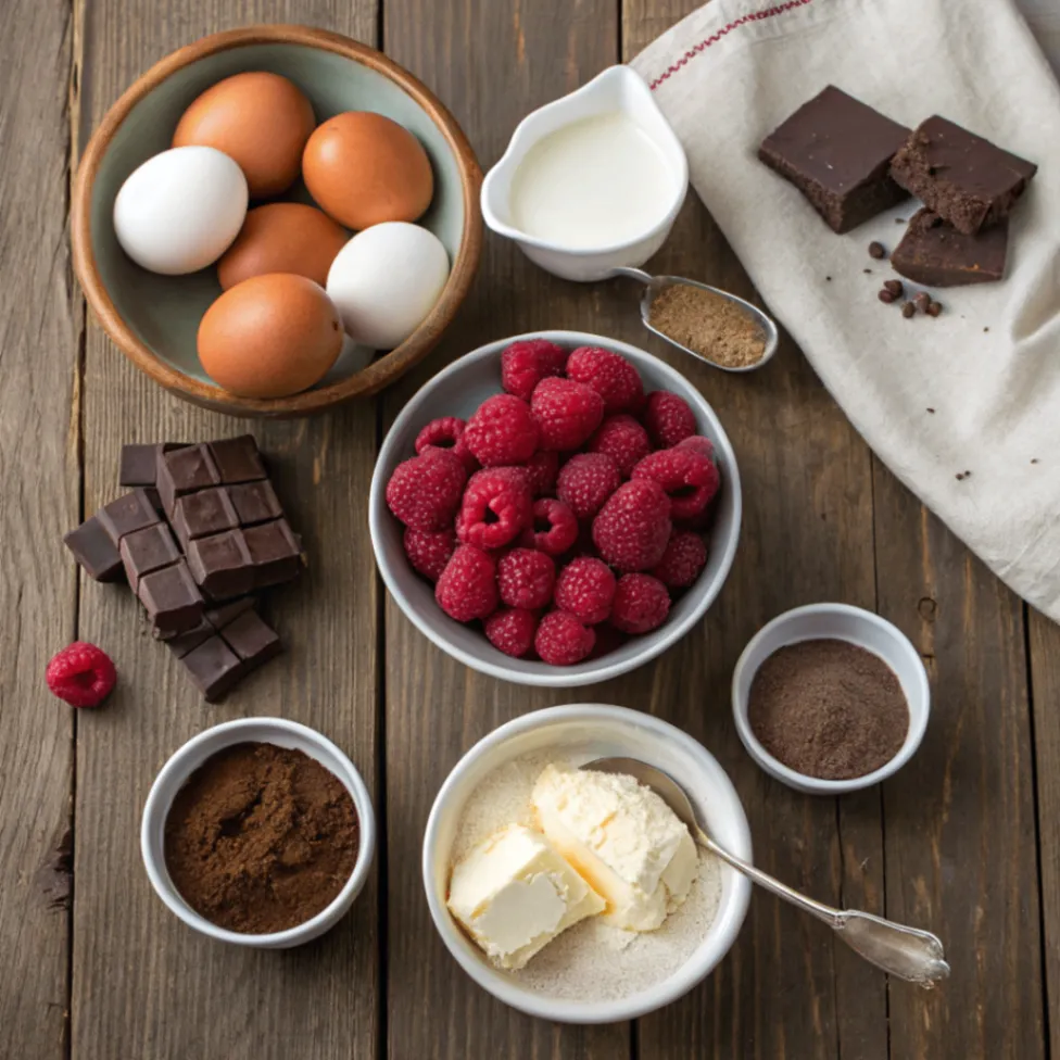 Zutaten für eine Schokoladen Himbeer Mousse Torte mit Schokolade, Himbeeren, Sahne und Keksen
