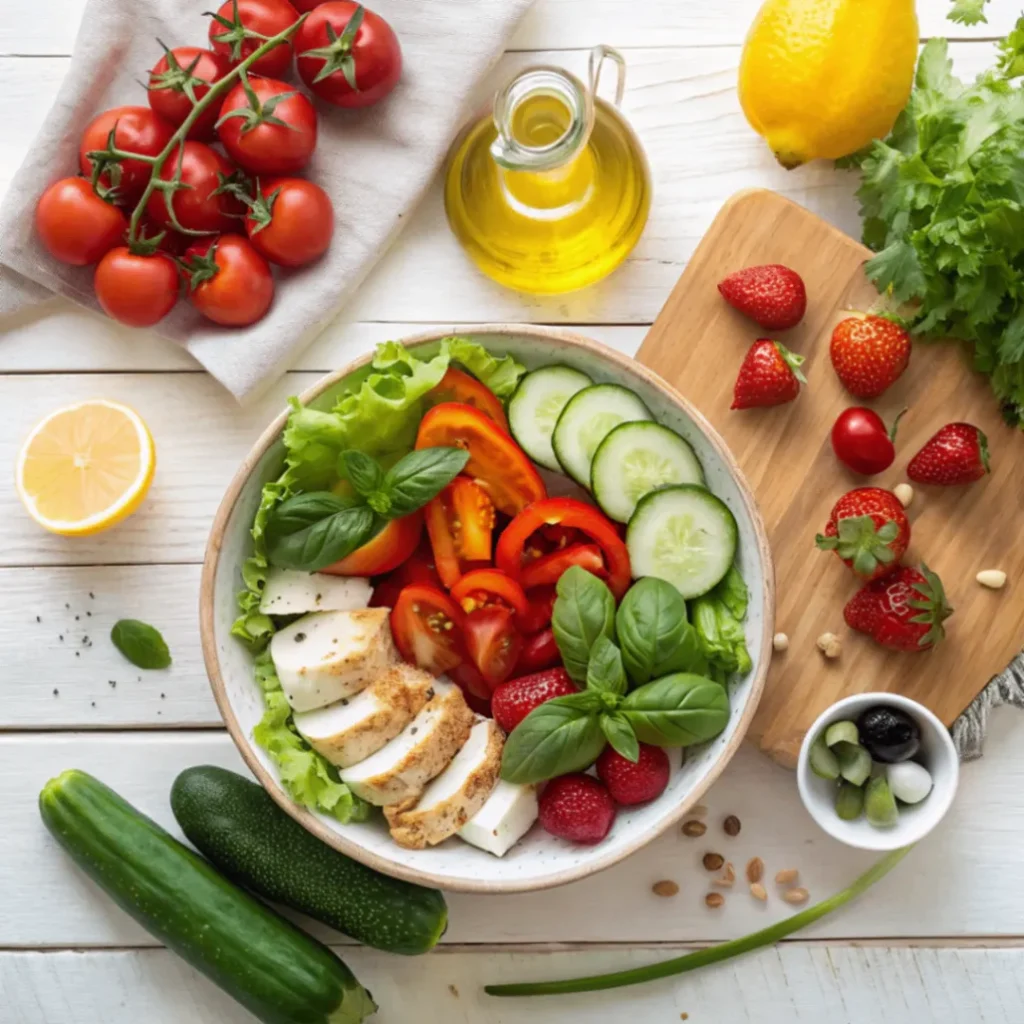 Frische Zutaten für Sommersalat-Rezepte mit Gemüse, Früchten und Kräutern