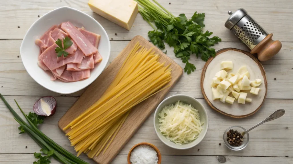 Frische Zutaten wie Spaghetti, Schinken, Sahne, Zwiebeln, Petersilie und Parmesan für Spaghetti in Schinken-Sahne-Soße