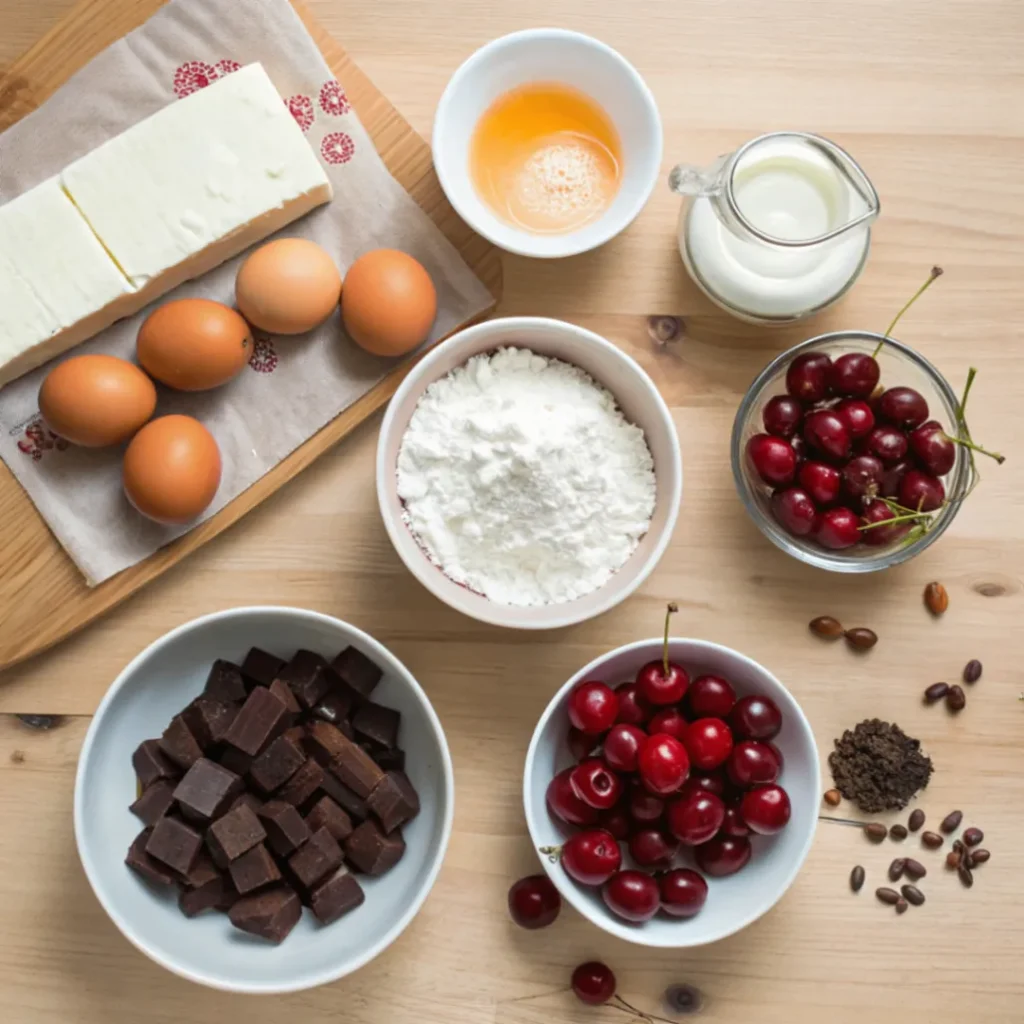 Zutaten für Stracciatella Kirsch Torte mit Kirschen, Schokolade und Sahne auf einem Tisch