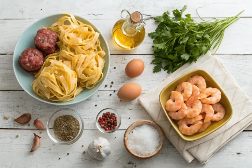Frische Zutaten für Tagliatelle aglio e olio mit Hackbällchen und Garnelen – Pasta, Garnelen, Hackfleisch, Knoblauch, Olivenöl, Petersilie und Gewürze