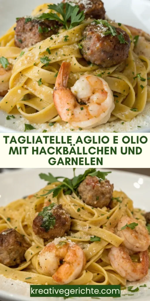 Zutaten für Tagliatelle aglio e olio mit Hackbällchen und Garnelen – Pasta, Garnelen, Hackfleisch, Knoblauch, Petersilie und Olivenöl