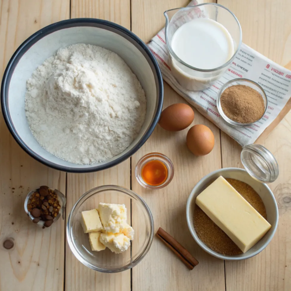 Frische Zutaten für Zimt-Schnecken-Muffins – Mehl, Zimt, Zucker, Butter, Milch und Ei