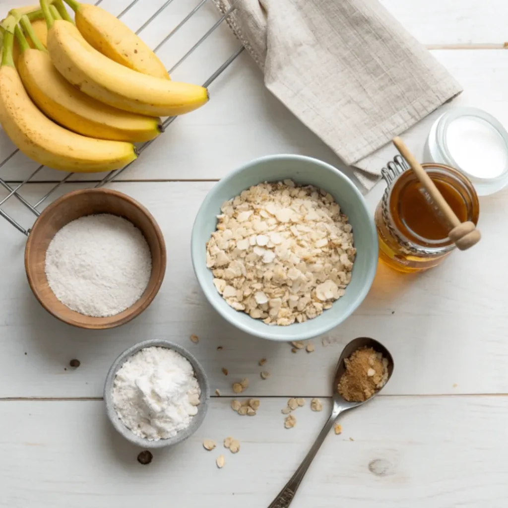 Haferflocken, Kokosraspeln, Bananen und Honig als Zutaten für zuckerfreie Kokos Haferkekse