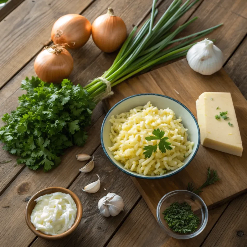Frische Zutaten für Kräuterspätzle mit Zwiebeln und Käse – Spätzle, Käse, Zwiebeln, Kräuter, Sahne und Butter
