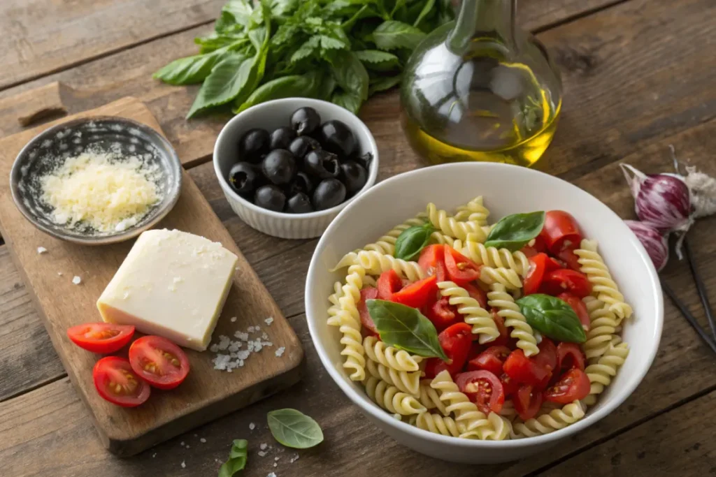 Frische Zutaten wie Nudeln, Tomaten, Paprika, Oliven, Parmesan und Basilikum für einen Nudelsalat auf italienisch auf einem Holztisch