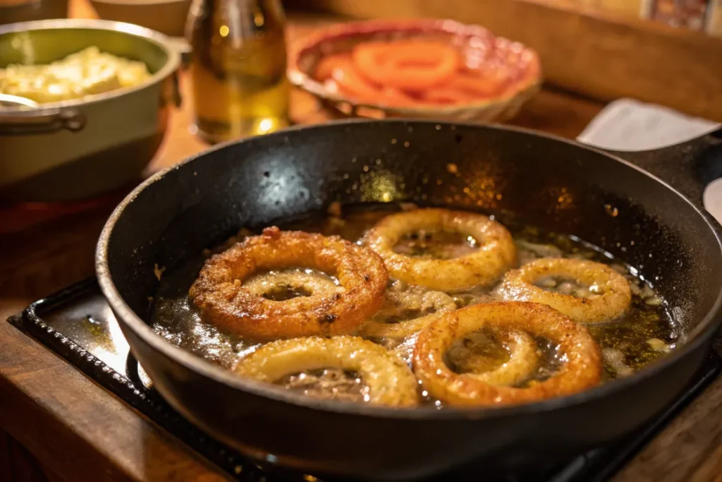 Karamellisierte Zwiebelringe in der Pfanne für Kräuterspätzle