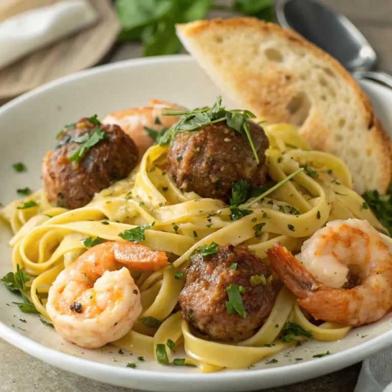 Tagliatelle aglio e olio mit Hackbällchen und Garnelen auf Teller serviert