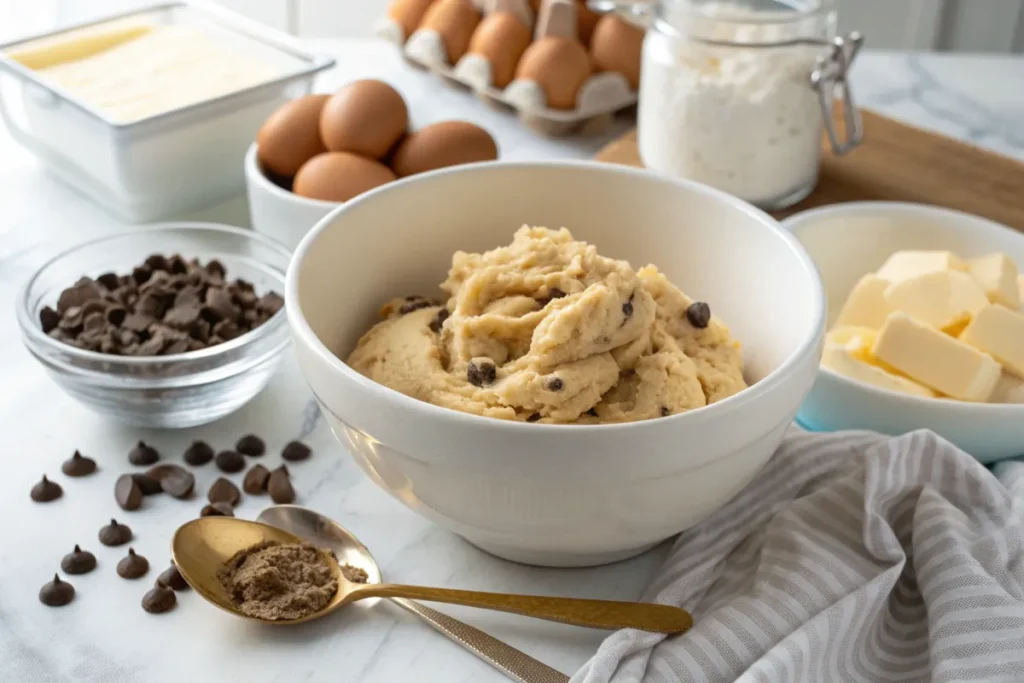 Schüssel mit cremigem Cookie-Teig und Schokoladenstückchen