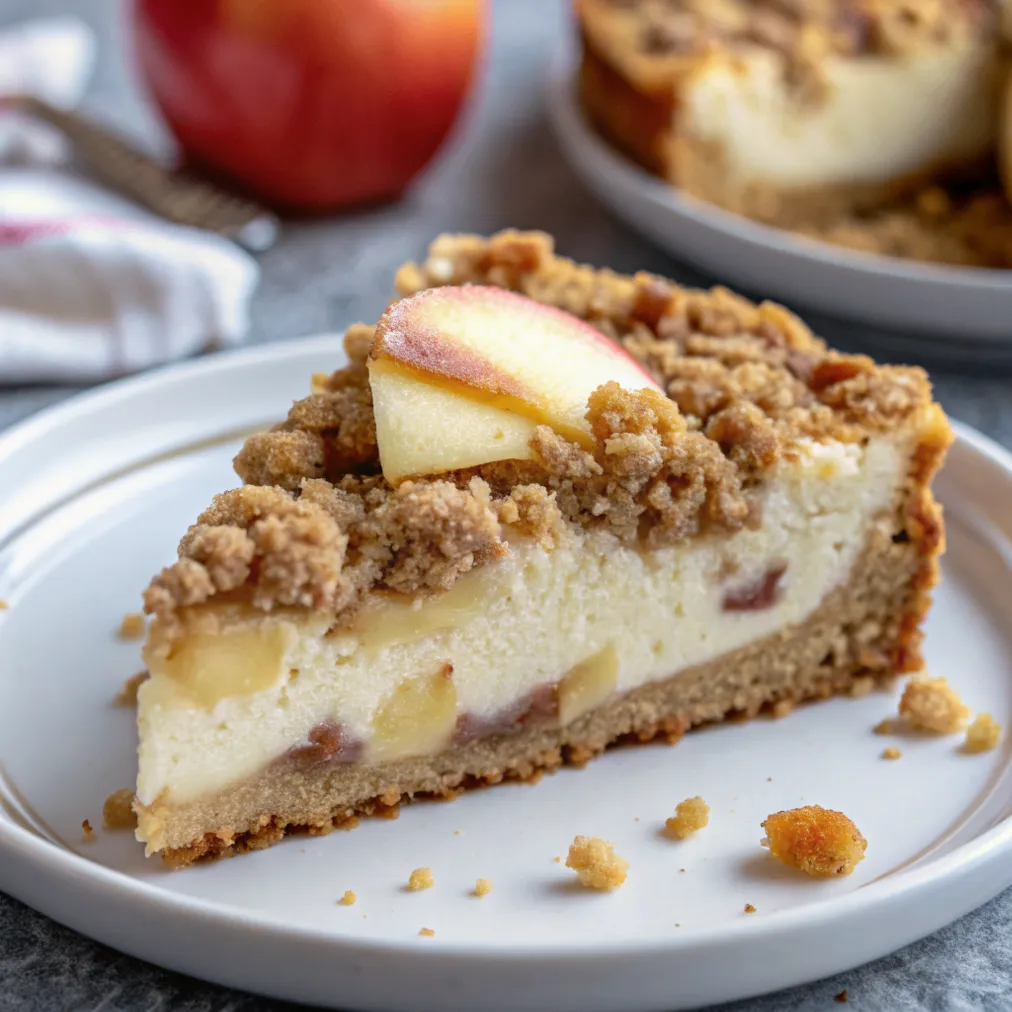Frisch gebackener Apfel-Crumble-Käsekuchen mit cremiger Käsefüllung und knusprigem Apfel-Crumble-Topping auf einem weißen Teller