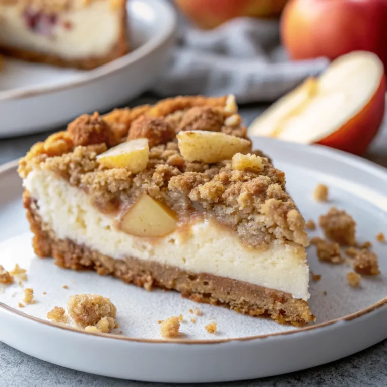 Frisch gebackener Apfel-Crumble-Käsekuchen mit cremiger Käsefüllung und knusprigem Apfel-Crumble-Topping auf einem weißen Teller