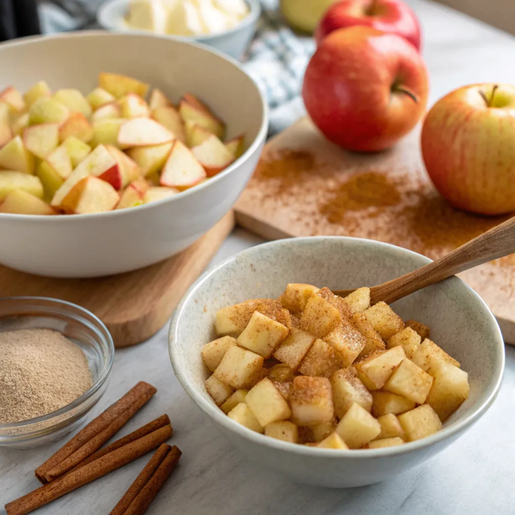 Schritt 4: Die Äpfel für den Apfel-Crumble-Käsekuchen würfeln und mit Zucker und Zimt vermischen.