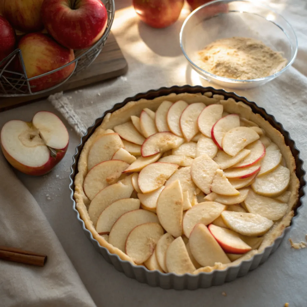 Apfelstücke gleichmäßig auf dem Teigboden verteilen für den Crumble Kuchen