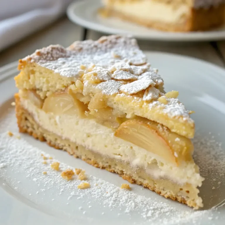 Ein Stück Apfelmus-Schmand-Kuchen mit goldbraunem Boden, Apfelmus-Schicht und cremiger Schmand-Decke auf einem Holztisch, nach Omas klassischem Rezept.