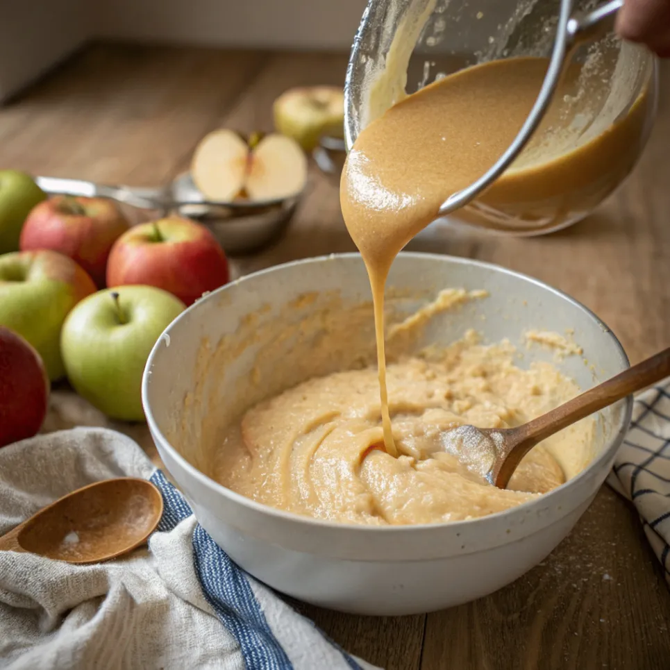Apfelmus wird in den Kuchenteig für Apfelmuskuchen vom Blech eingerührt